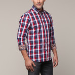 Plaid Button-Up + Floral Trim // Navy + Red (M)