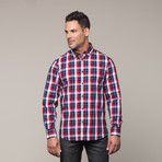 Plaid Button-Up + Floral Trim // Navy + Red (L)