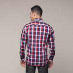 Plaid Button-Up + Floral Trim // Navy + Red (M)