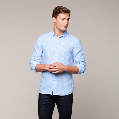 Linen Slim One Pocket Long Sleeve // Light Blue Stripe (S)