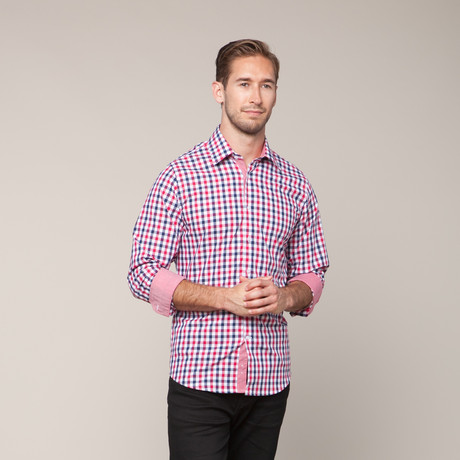 Button-Down Slim Fit Shirt // Red & Blue (XS)