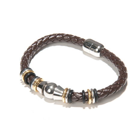 Braided Leather Bracelet With 18KT Gold-Plated Stainless Steel // Brown