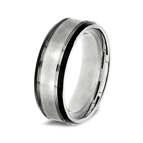 Stainless Steel Plated Two Tone Grooved Center Ring // Brushed (Size 8