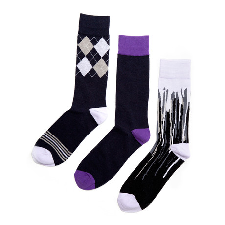 Navy + Purple Patterns Socks // 3 Pack