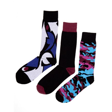Black + Maroon Patterns Socks // 3 Pack