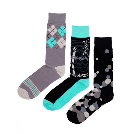 Seafoam + Black Patterns Socks // 3 Pack