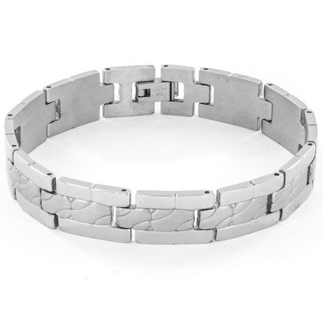 Stainless Steel Polished + Brushed Grooved Link Bracelet // Silver