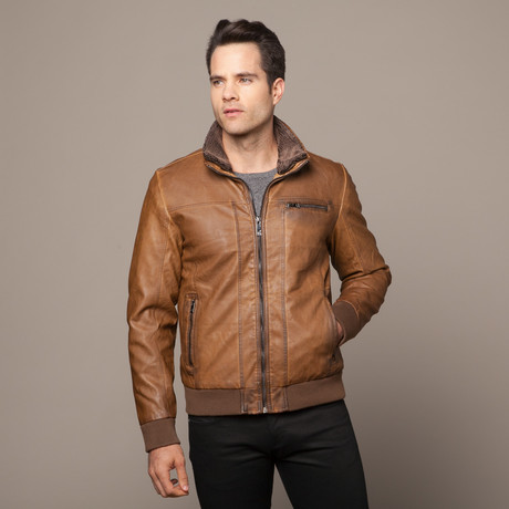 Corey Faux Leather Bomber // Brown (S)