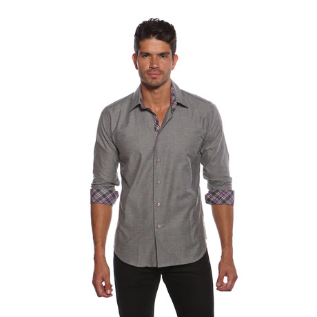 Long Sleeve Button Up Shirt // Grey + Purple Plaid (S)