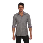 Long Sleeve Button Up Shirt // Grey + Purple Plaid (L)