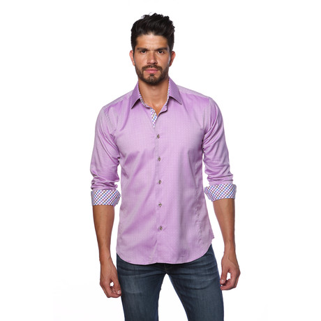 Long Sleeve Button Up Shirt // Lilac + Gingham (S)