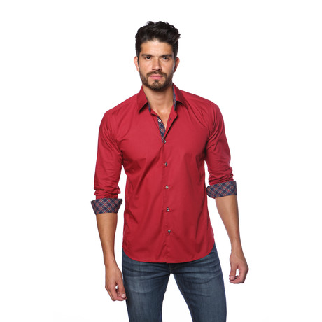 Long Sleeve Button Up Shirt // Red + Plaid (L)