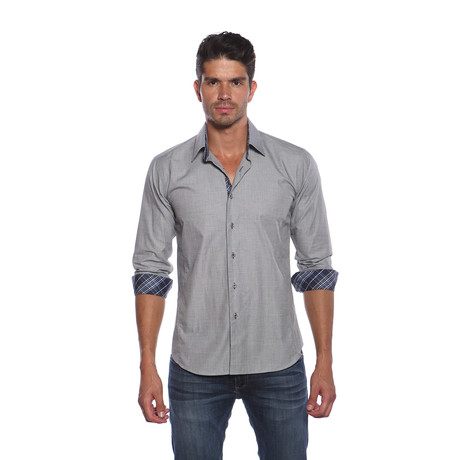 Long Sleeve Button Up Shirt // Grey + Blue Plaid (M)