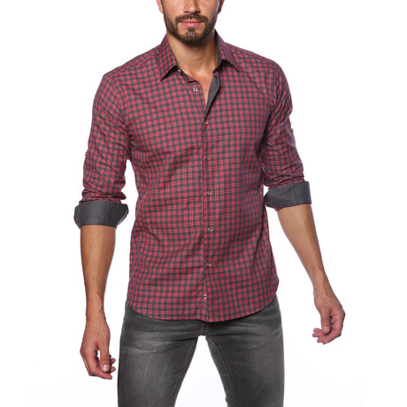 Jared Lang // Long Sleeve Button Up Shirt // Red + Grey Plaid (M)