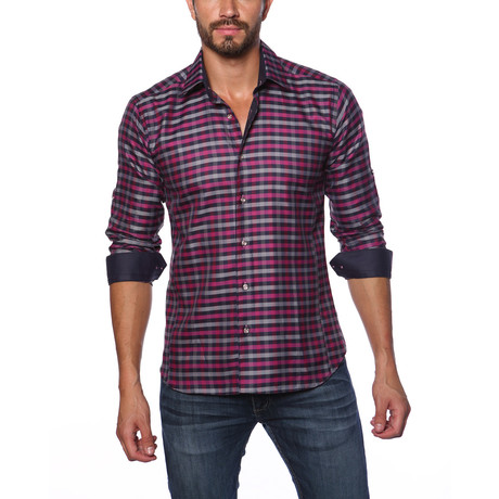 Jared Lang // Long Sleeve Button Up Shirt // Fuchsia + Navy (S)