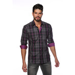 Long Sleeve Button Up Shirt // Black + Purple Plaid (2XL)