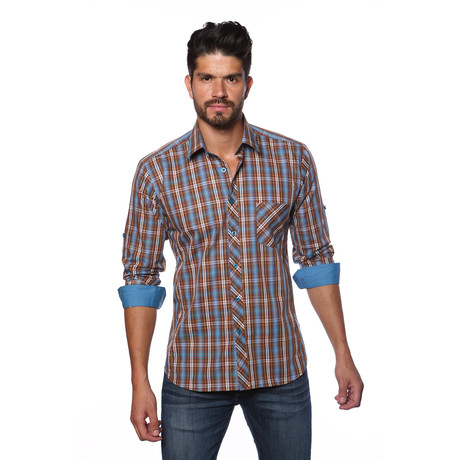 Button Up Shirt // Brown Blue Plaid (S)