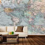 Vintage World Map Wall Mural Decal (100"L x 100"W)