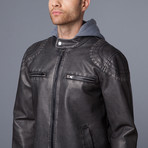 Two-Tone Leather Jacket + Fleece Hood  // Black (M)