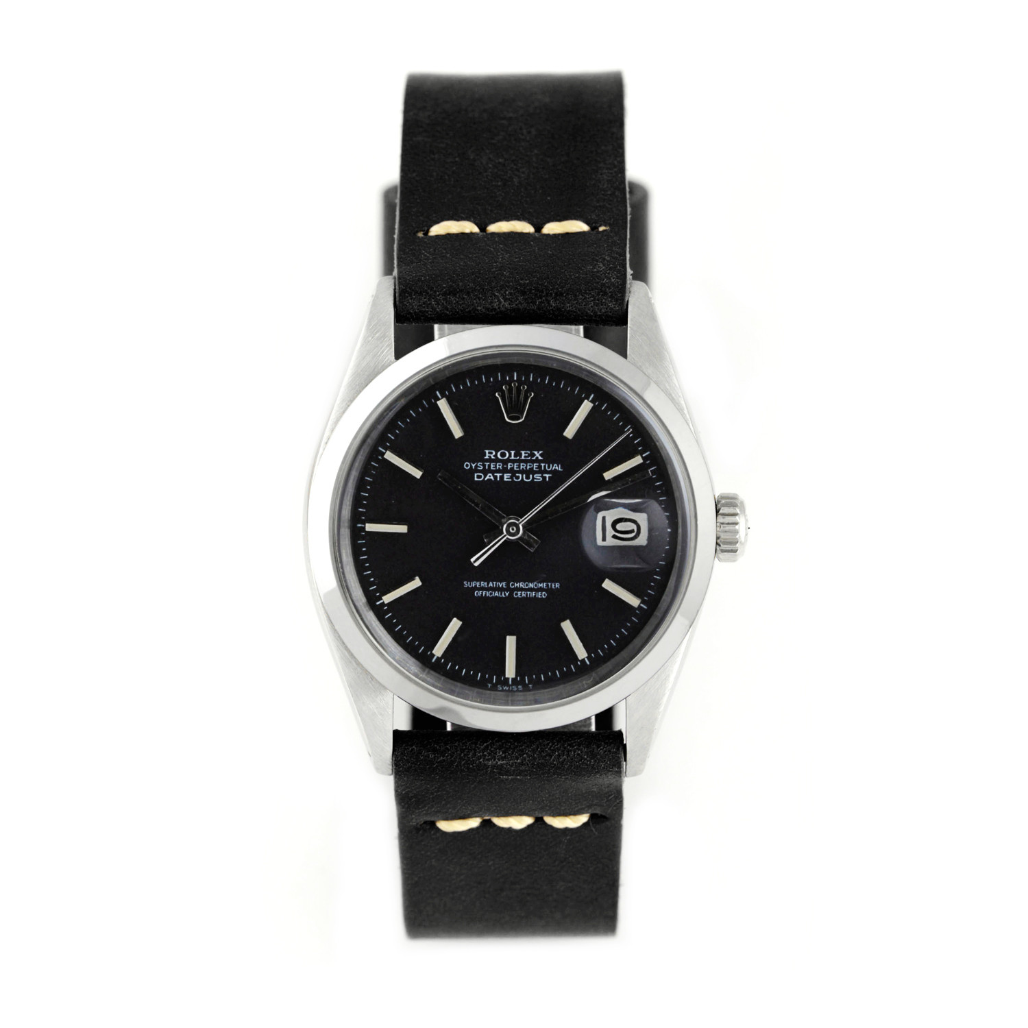 datejust black leather strap