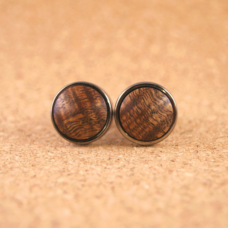 Gunmetal Round Hawaiian Curly Koa Cufflinks