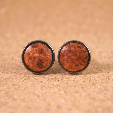 Gunmetal Round Amboyna Burl Cufflinks