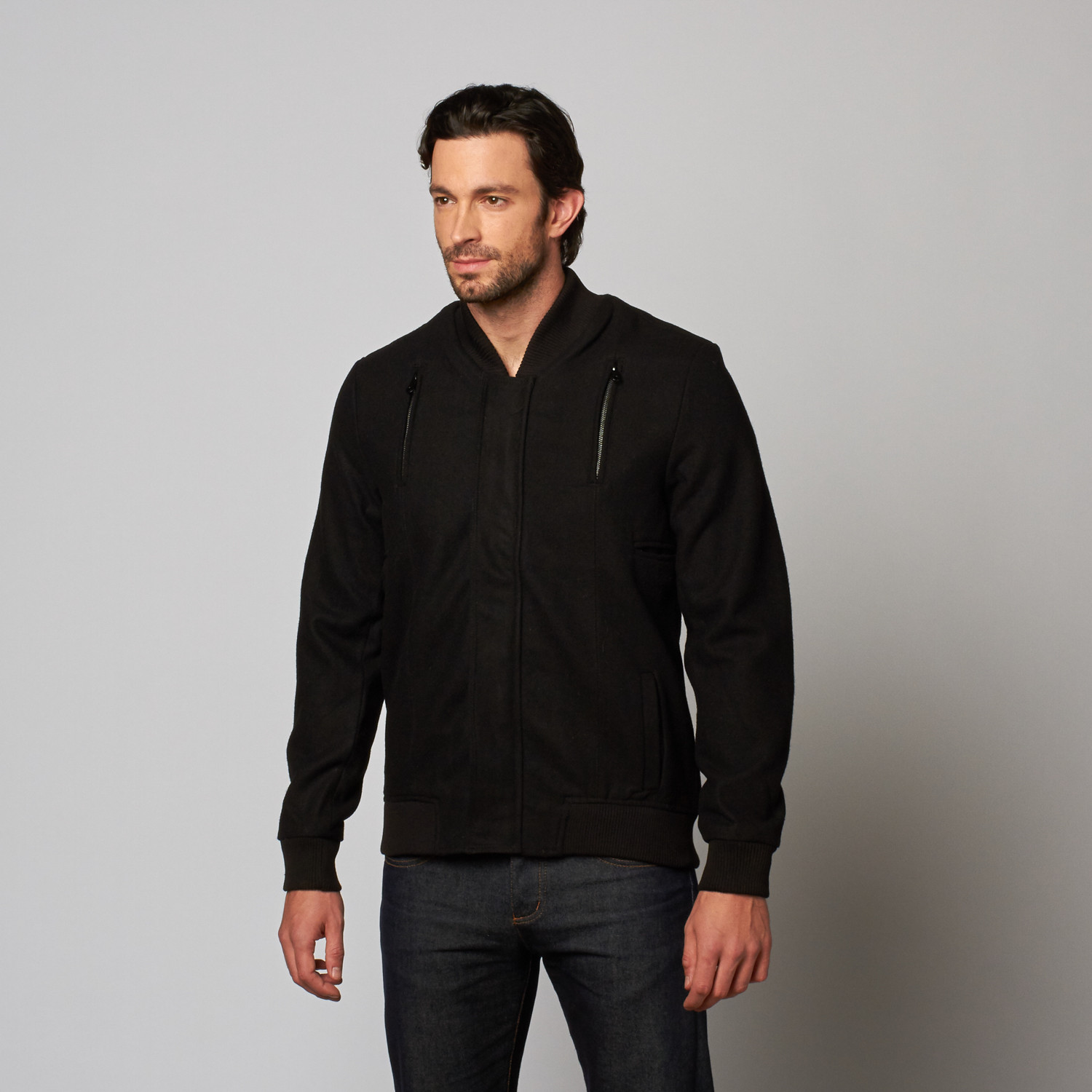 Wolf and Man Cole Wool Bomber Jacket Black L 