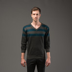 Perruzo // V-Neck Sweater // Grey + Blue (S)