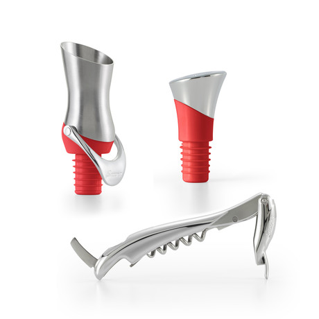 Waiter's Corkscrew + Pourer Stopper + Wine Stopper (Crimson)