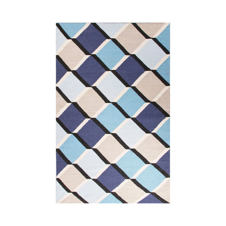 Flat-Weave Geometric Pattern Wool // Blue & Gray (2'L x 3'W)