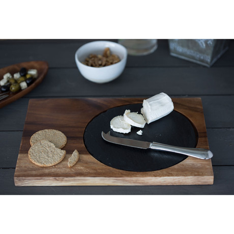 Acacia Wood & Stainless Steel Serving Plate