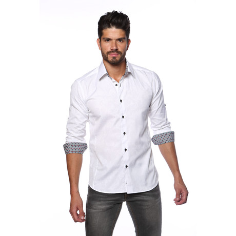 Long Sleeve Button Up Shirt // White + Geo (M)