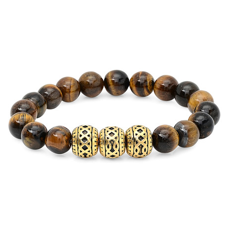 Tiger Eye Bead Bracelet with Steel Ball Accent