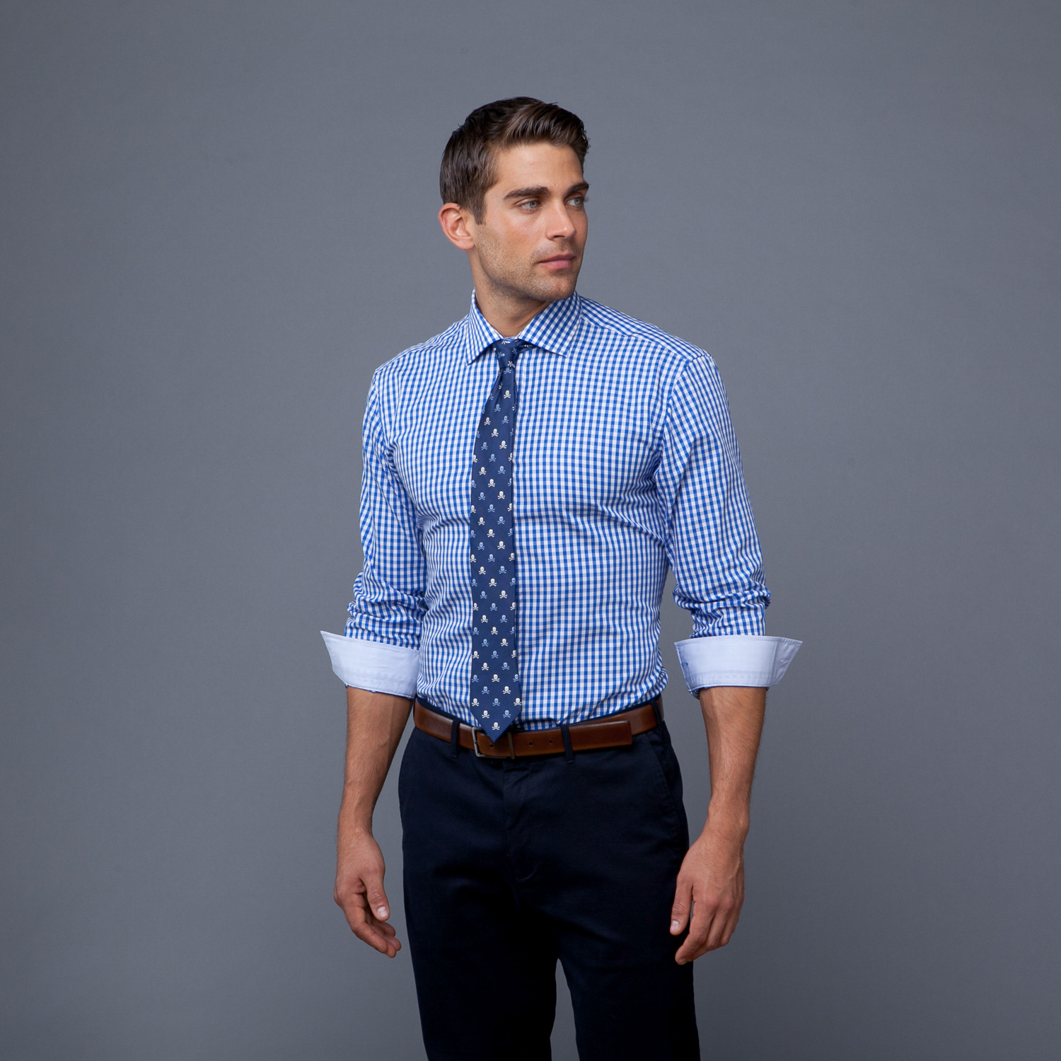 navy gingham shirt with tie