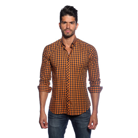 Long Sleeve Button Up Shirt // Orange + Navy Gingham (S)
