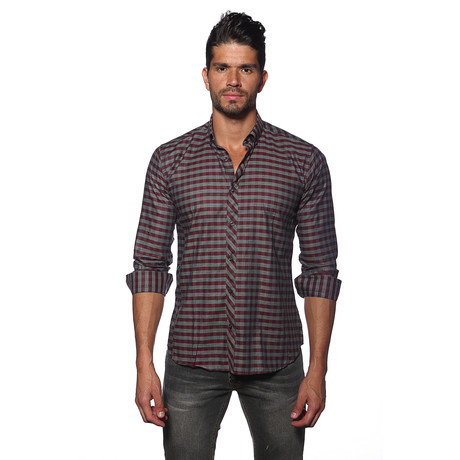 Long Sleeve Button Up Shirt // Charcoal + Burgundy Gingham (S)