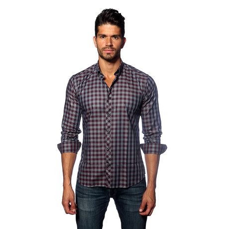 Long Sleeve Button Up Shirt // Burgundy + Charcoal Check (XL)