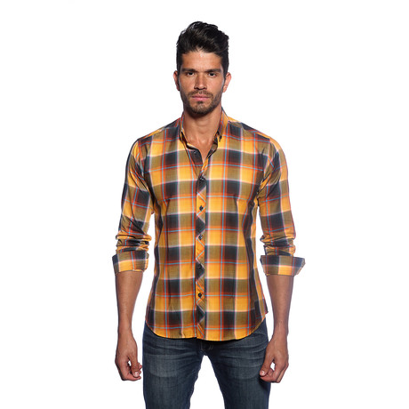 Long Sleeve Button Up Shirt // Orange + Navy Plaid (S)