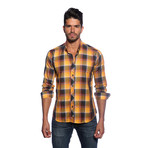 Long Sleeve Button Up Shirt // Orange + Navy Plaid (M)