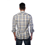 Long Sleeve Button Up Shirt // Off White + Blue Plaid (L)