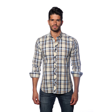 Long Sleeve Button Up Shirt // Off White + Blue Plaid (S)