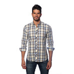 Long Sleeve Button Up Shirt // Off White + Blue Plaid (L)