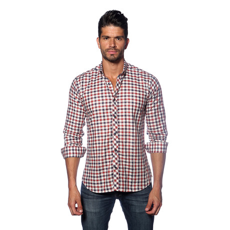 Long Sleeve Button Up Shirt // Red + Blue Check Linen (S)