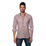 Long Sleeve Button Up Shirt // Red + Blue Check Linen (L)