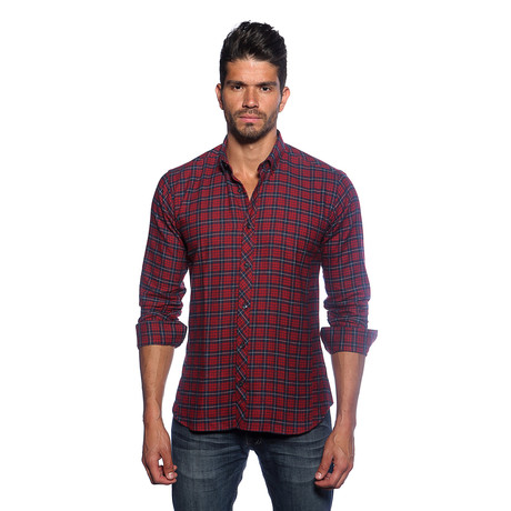 Long Sleeve Button Up Shirt // Red + Navy Plaid (S)