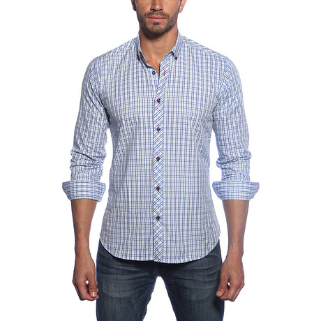 Jared Lang // Long Sleeve Button Up Shirt // Blue + Navy Check (XL)