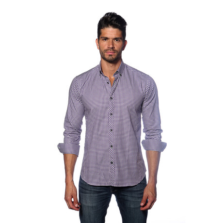 Long Sleeve Button Up Shirt // Purple Gingham (S)