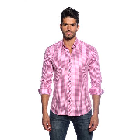 Long Sleeve Button Up Shirt // Fuchsia Gingham (XL)