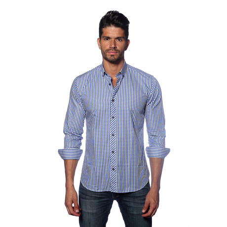 Long Sleeve Button Up Shirt // Blue Gingham (L)