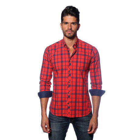 Long Sleeve Button Up Shirt // Red + Blue Plaid (S)